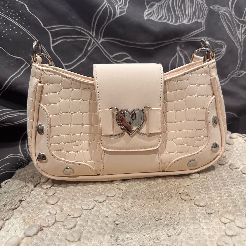 Light Pink Shoulder Bag With Metal Heart Accents